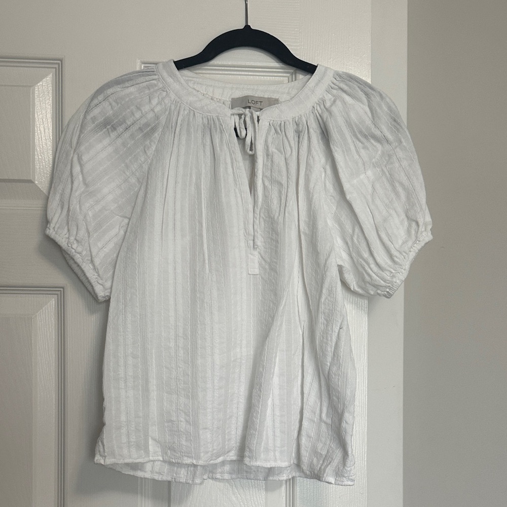 LOFT White Textured Blouse with Puff Sleeves